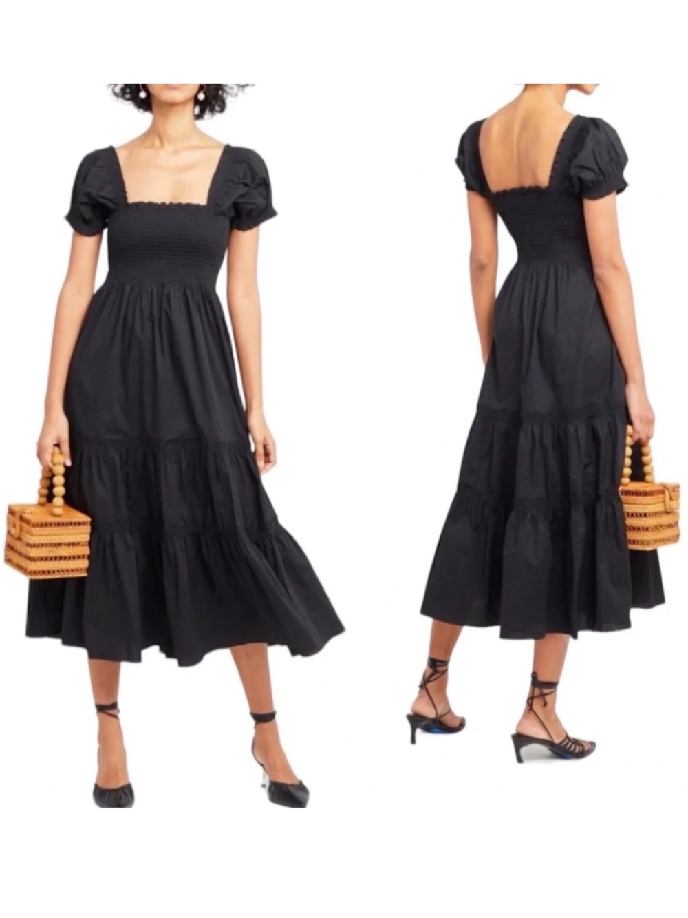 O.P.T. Daphne Black Smocked Square Neck Midi Dress with Puff Sleeves 
Size Small